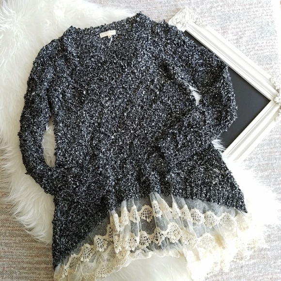 Ryu Sweaters - Ryu | Ruffled Lace Hem Black Sweater Tunic